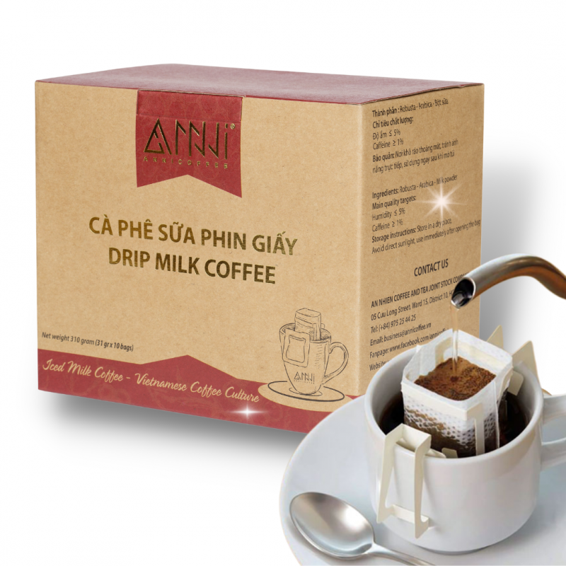 Cà phê sữa phin giấy thành phần Arabica Cầu Đất và Robusta Buôn Mê Thuột (10 gói/hộp) Anni Coffee, Drip Milk Coffee